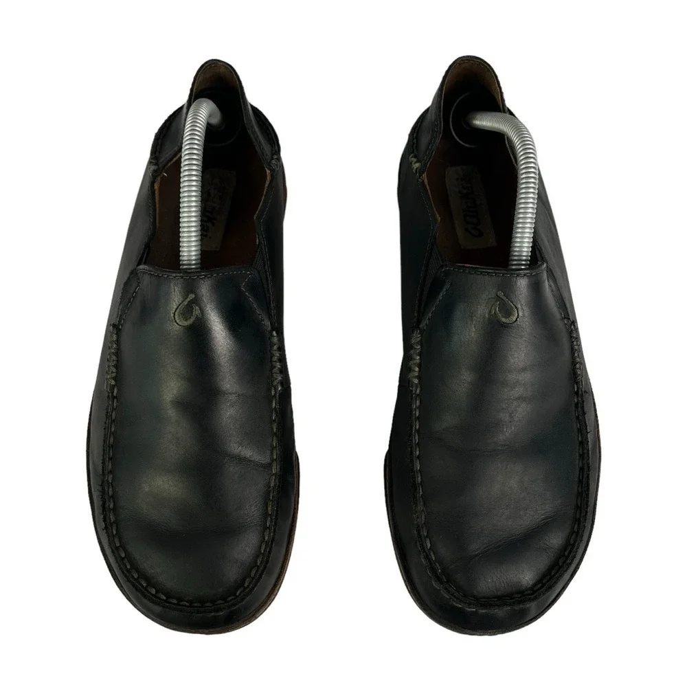 Olukai Maloa Loafers Mens 9.5 Black Leather Back Drop Heels‎ Shoes